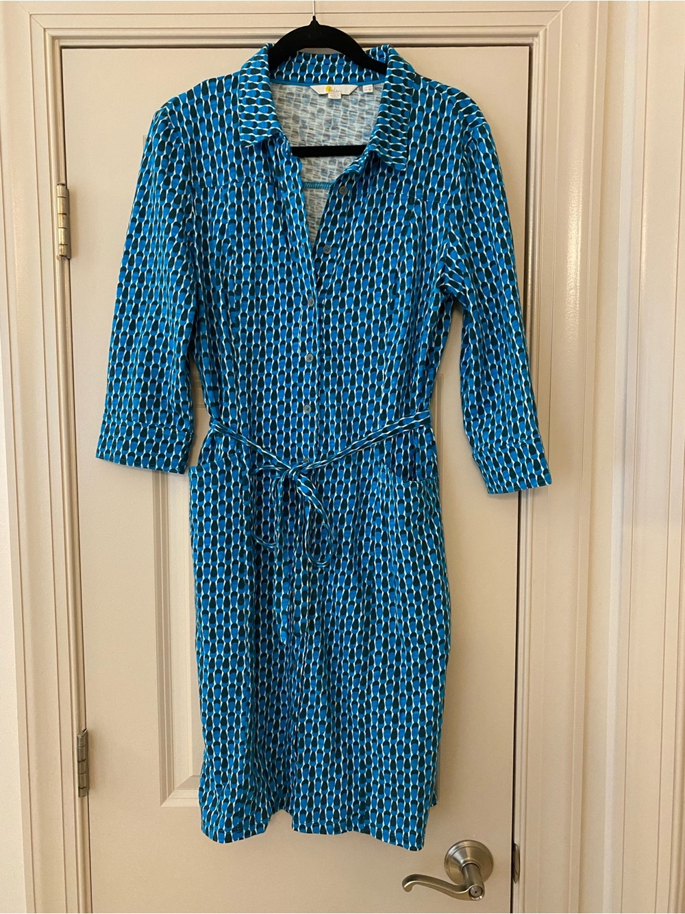 Boden US 8 100% Cotton Blue and Black Patterned Midi Shirt Dress with Waist Tie